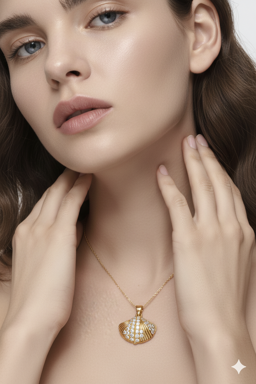 Muschel Anhänger aus 14K vergoldetem Silber mit Zirkonia – Maritime Eleganz