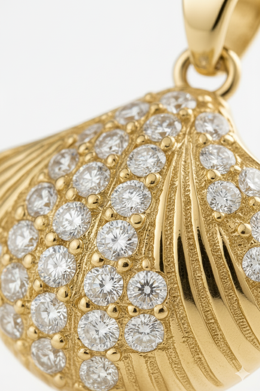 Muschel Anhänger aus 14K vergoldetem Silber mit Zirkonia – Maritime Eleganz