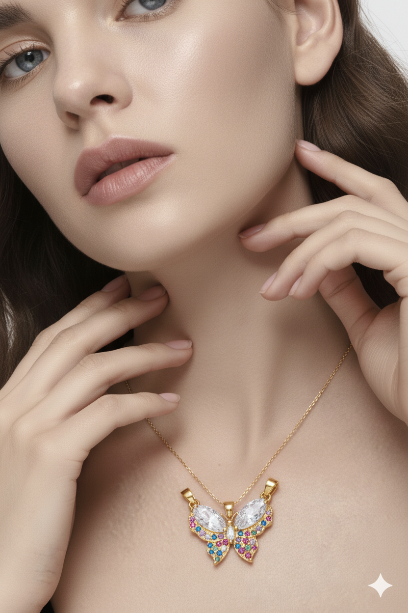 Schmetterling Anhänger – 14K vergoldet mit bunten Zirkonia-Steinen