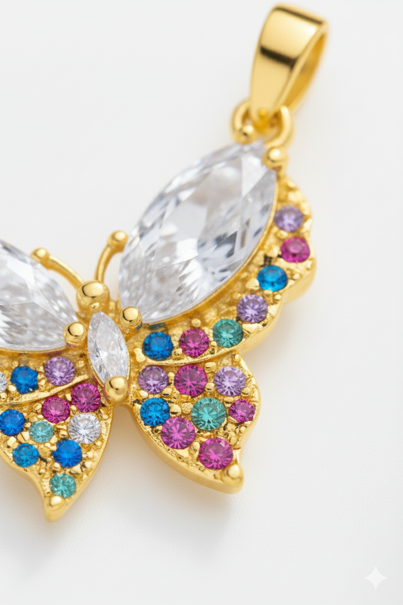 Schmetterling Anhänger – 14K vergoldet mit bunten Zirkonia-Steinen