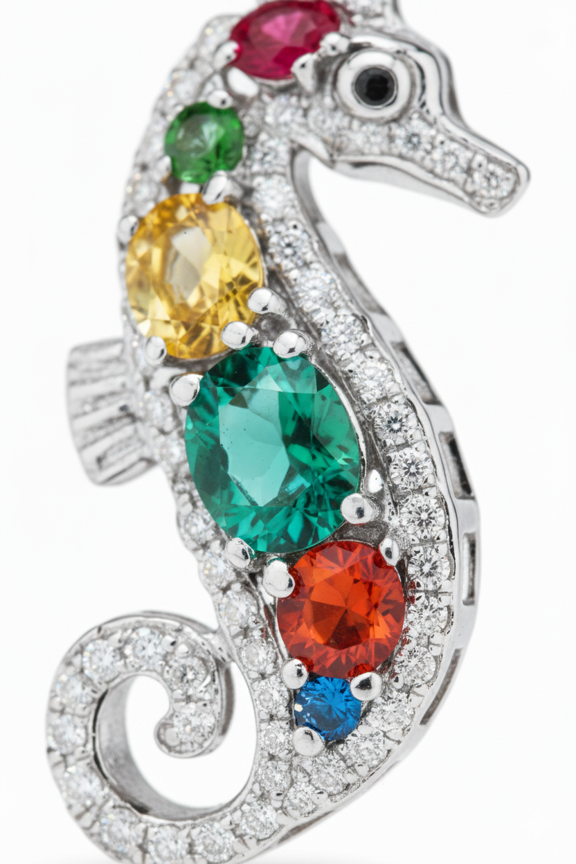 Seepferdchen Anhänger – Sterling Silber mit bunten Edelsteinen