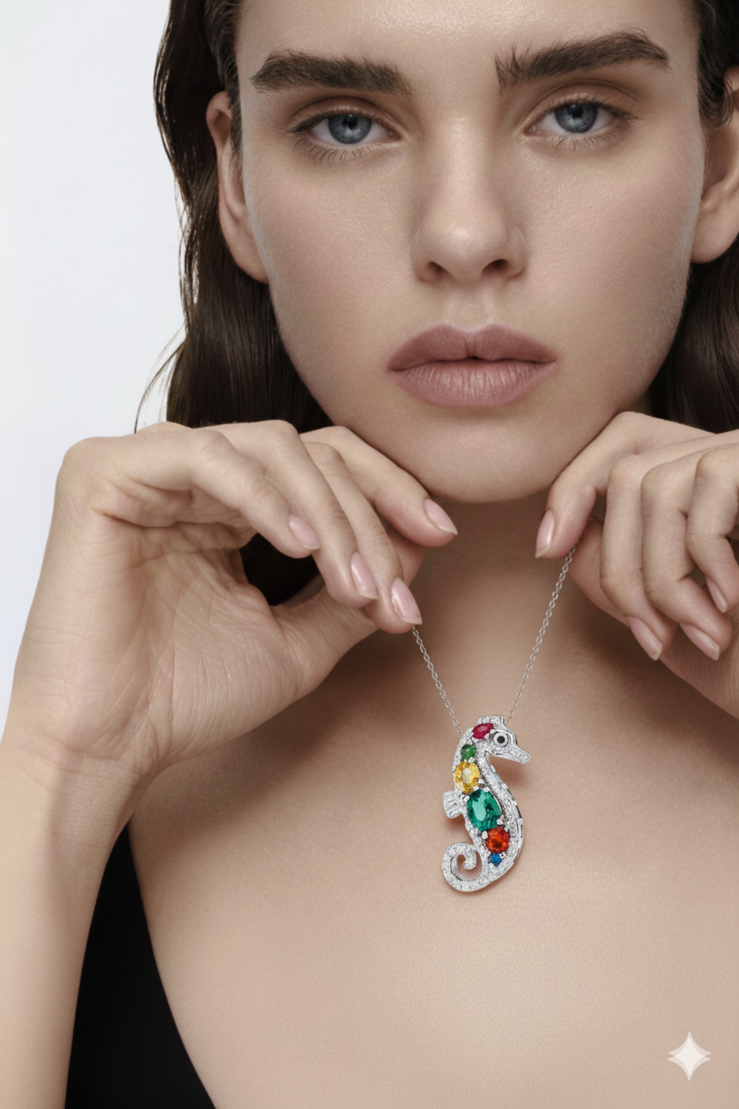 Seepferdchen Anhänger – Sterling Silber mit bunten Edelsteinen